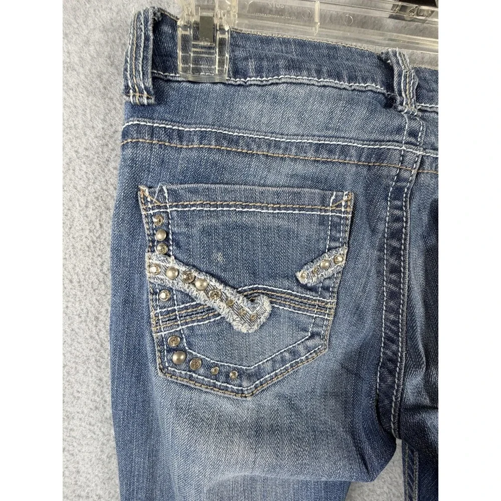 Baker Street Jeans‎ Juniors 1 Blue Bootcut Stretch Rhinestone Studded Distressed